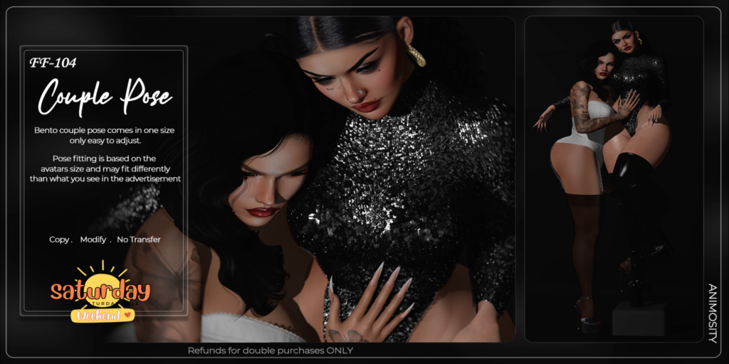 FF-104 Couples Pose	&lt;a href=&quot;http://maps.secondlife.com/secondlife/Cravone/198/133/30&quot; target=&quot;_blank&quot;&gt;Teleport&lt;/a&gt;