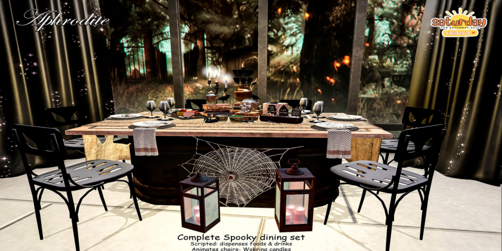 Spooky Dining Furniture Set	&lt;a href=&quot;http://maps.secondlife.com/secondlife/Shopping%20City/242/74/22&quot; target=&quot;_blank&quot;&gt;Teleport&lt;/a&gt;
