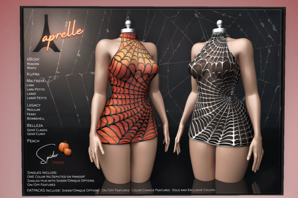 Spider Dress - GenX/Inithium/Legacy/Maitreya/Peach/Reborn/+mods, L$50 each/L$299 FP