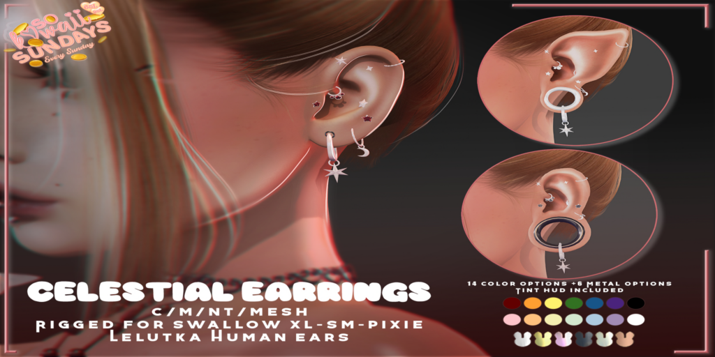 Celestial Earrings - EvoX Ears/Swallow Gauged Ears Pixie+S+XL	&lt;a href=&quot;http://maps.secondlife.com/secondlife/Deux%20Chevaux/210/216/2444&quot; target=&quot;_blank&quot;&gt;Teleport&lt;/a&gt;