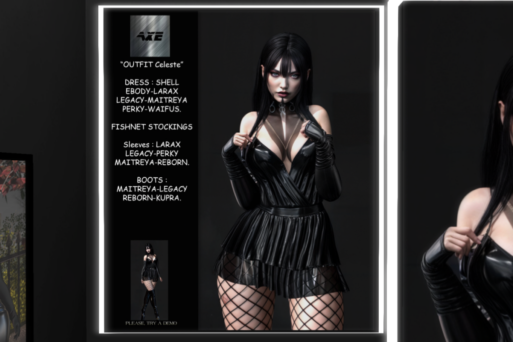Celeste Dress, Sleeves, &amp; Fishnets - Legacy/Maitreya/Reborn/+mods, L$150 each | Viola Boots - Inithium/Legacy/Maitreya/Reborn, L$150