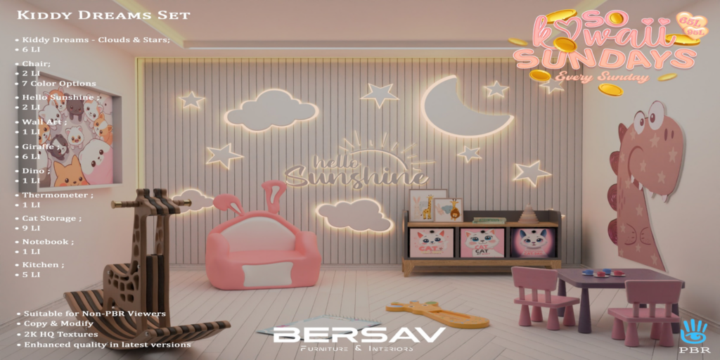 Kiddy Dreams Bedroom Set	&lt;a href=&quot;http://maps.secondlife.com/secondlife/Abode/101/19/22&quot; target=&quot;_blank&quot;&gt;Teleport&lt;/a&gt;