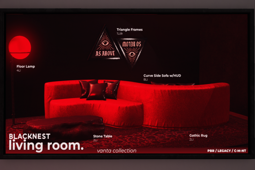 Vanta Living Room, L$99-L$499 each/L$599 PG FP/L$699 Adult FP