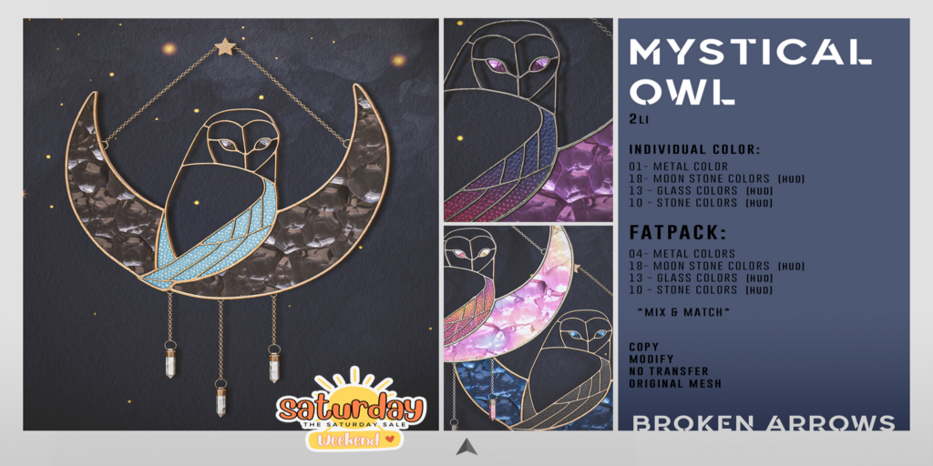 Mystical Owl Mesh	&lt;a href=&quot;http://maps.secondlife.com/secondlife/AM%20corporate/91/80/1508&quot; target=&quot;_blank&quot;&gt;Teleport&lt;/a&gt;