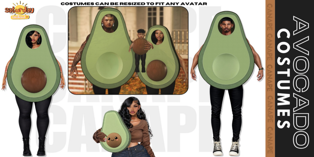 Avocado Costume - no fits listed	&lt;a href=&quot;http://maps.secondlife.com/secondlife/Canape/132/128/25&quot; target=&quot;_blank&quot;&gt;Teleport&lt;/a&gt;