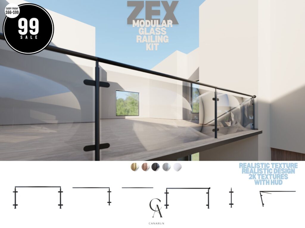 Zex Modular Glass Railing Kit	&lt;a href=&quot;http://maps.secondlife.com/secondlife/Canarun/241/130/24&quot; target=&quot;_blank&quot;&gt;Teleport&lt;/a&gt;