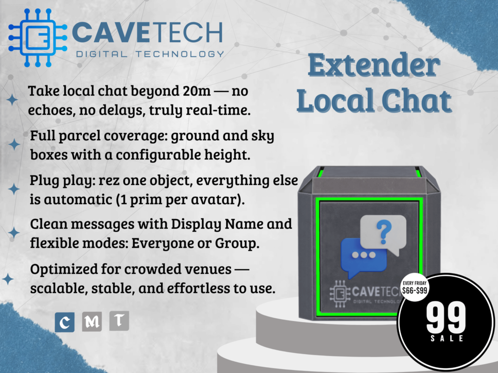 Extender Local Chat	&lt;a href=&quot;http://maps.secondlife.com/secondlife/Bekkers/85/98/1505&quot; target=&quot;_blank&quot;&gt;Teleport&lt;/a&gt;