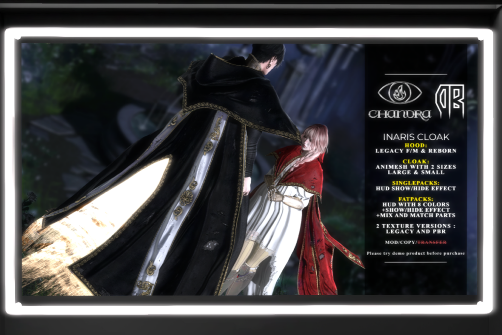 Inaris Cloak - Legacy F+M/Reborn, L$349 each/L$2300 FP