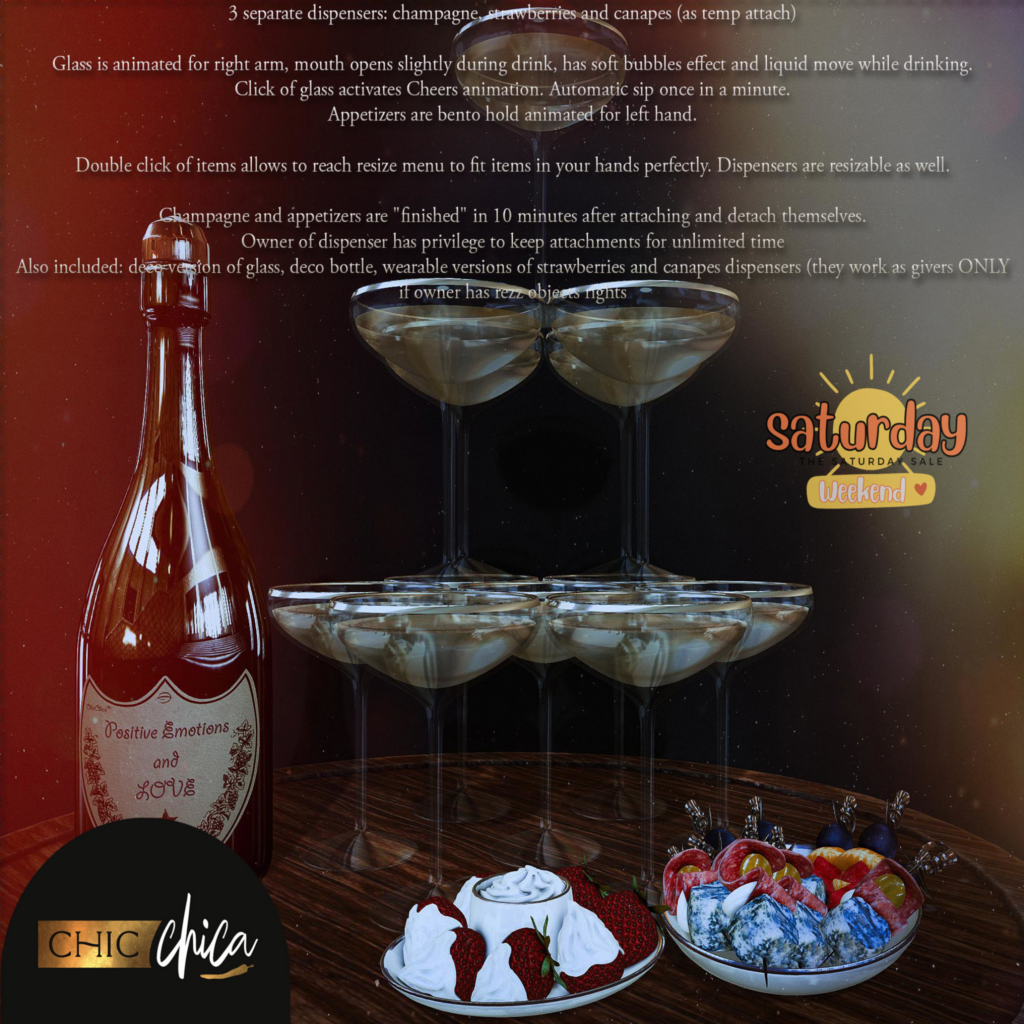 Buffet Champagne Dispenser Decor	&lt;a href=&quot;https://maps.secondlife.com/secondlife/ChicLand/128/104/1011&quot; target=&quot;_blank&quot;&gt;Teleport&lt;/a&gt;