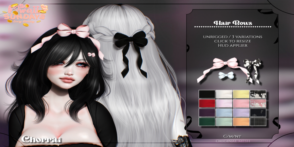 Hair Bows	&lt;a href=&quot;http://maps.secondlife.com/secondlife/Realm/206/79/3334&quot; target=&quot;_blank&quot;&gt;Teleport&lt;/a&gt;
