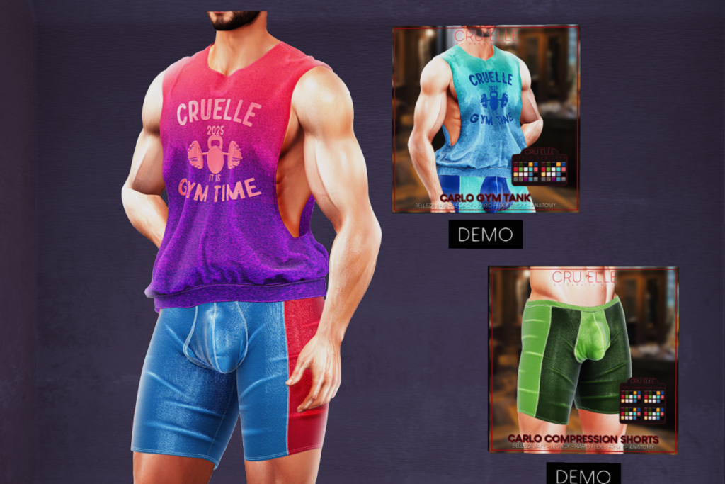 Carlo Gym Tank &amp; Compression Shorts - Anatomy/Jake/Kario Flex+Frisky/Legacy, L$899 each