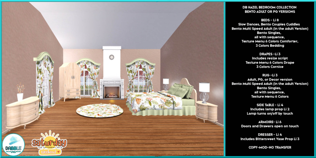 Hazel Bedroom Collection Decor Set	&lt;a href=&quot;http://maps.secondlife.com/secondlife/Casvian%20Caye/164/74/22&quot; target=&quot;_blank&quot;&gt;Teleport&lt;/a&gt;