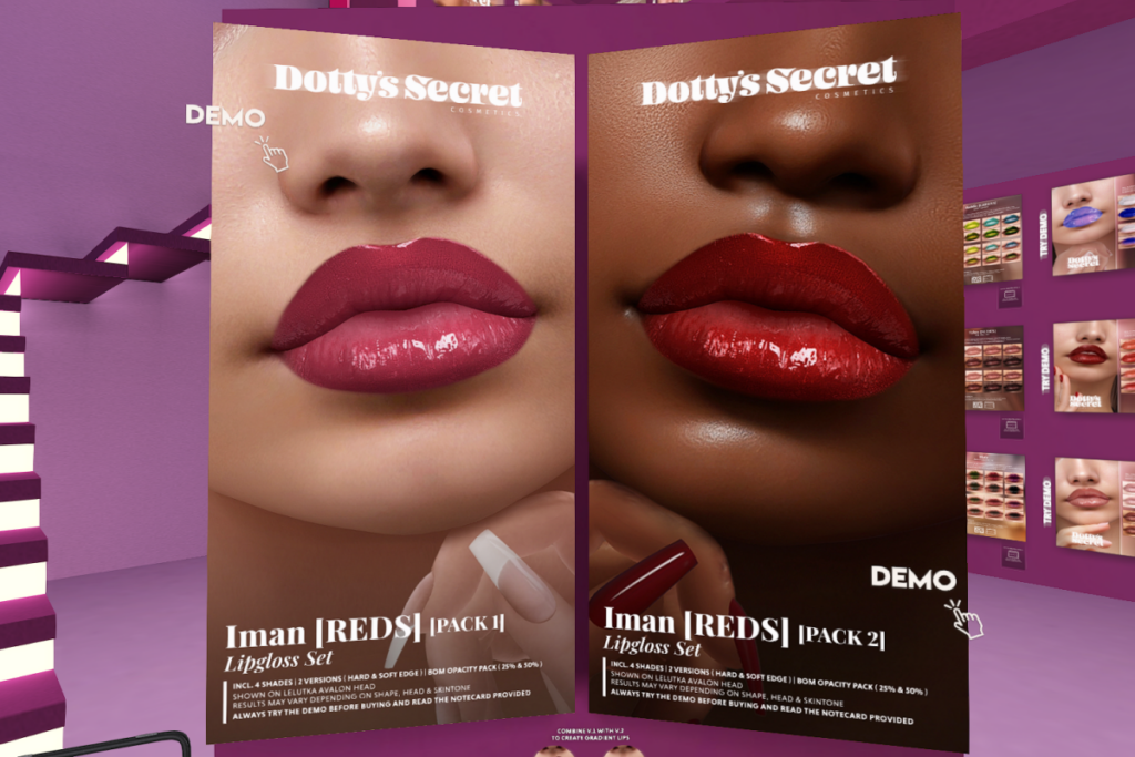 Iman Reds Lipgloss Set Pack 1 &amp; 2 - EvoX	&lt;a href=&quot;http://maps.secondlife.com/secondlife/Baedal/177/15/3001&quot; target=&quot;_blank&quot;&gt;Teleport&lt;/a&gt;