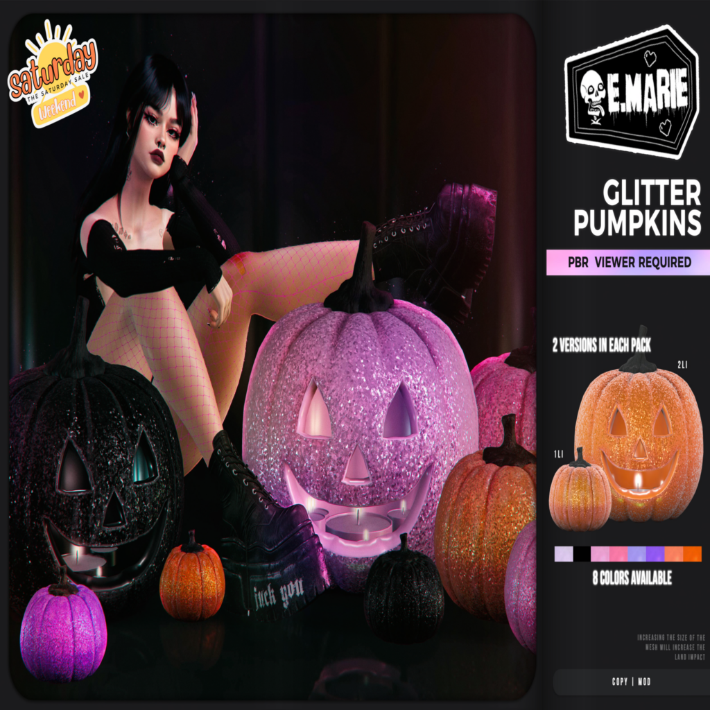Glitter Pumpkins Decor	&lt;a href=&quot;http://maps.secondlife.com/secondlife/xoxo/86/130/41&quot; target=&quot;_blank&quot;&gt;Teleport&lt;/a&gt;
