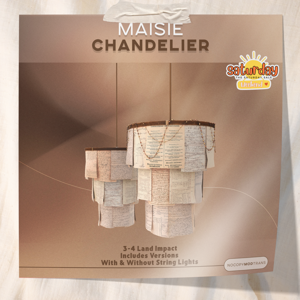 Maisie Chandelier	&lt;a href=&quot;http://maps.secondlife.com/secondlife/Primrose%20Place/103/220/23&quot; target=&quot;_blank&quot;&gt;Teleport&lt;/a&gt;