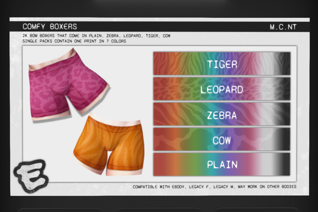 Comfy Boxers - Legacy F+M/Reborn, L$250 each/L$999 FP