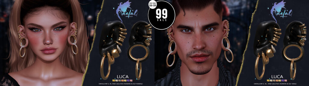 Luca Earrings - EvoX Ears Elf+Human F+M/Swallow Gauged Ears S+XL F+M	&lt;a href=&quot;http://maps.secondlife.com/secondlife/Cult%20Coven/207/92/41&quot; target=&quot;_blank&quot;&gt;Teleport&lt;/a&gt;