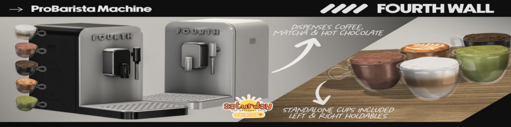 ProBarista Coffee Machine Decor	&lt;a href=&quot;http://maps.secondlife.com/secondlife/Fourth%20Wall/22/127/27&quot; target=&quot;_blank&quot;&gt;Teleport&lt;/a&gt;