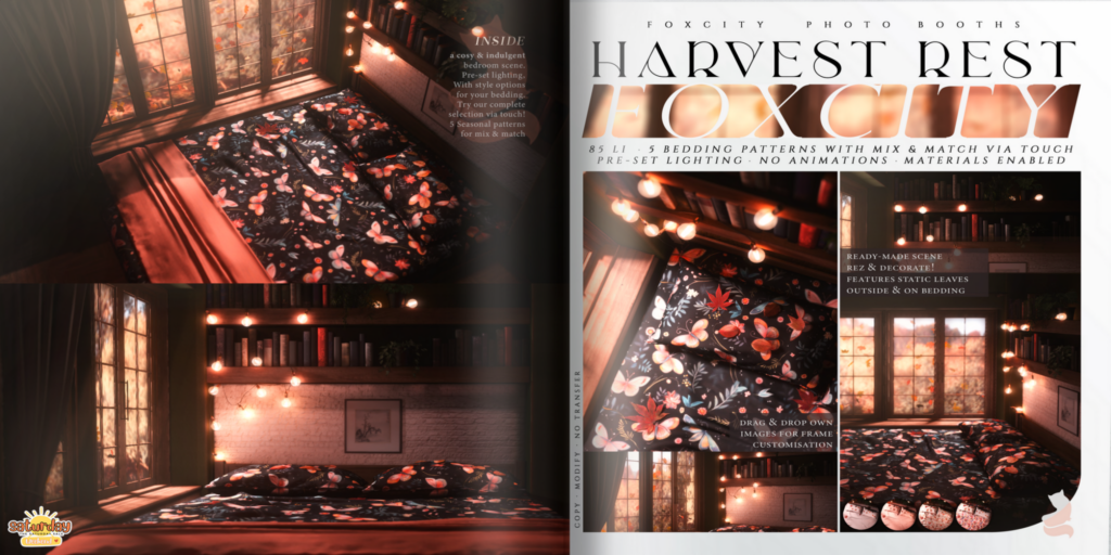 Harvest Rest Photo Booth	&lt;a href=&quot;http://maps.secondlife.com/secondlife/FOXCITY/180/69/21&quot; target=&quot;_blank&quot;&gt;Teleport&lt;/a&gt;