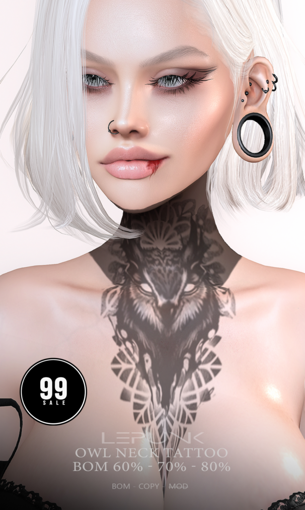 Owl Neck Tattoo - BOM/EvoX	&lt;a href=&quot;http://maps.secondlife.com/secondlife/xLUMINOUS%20HALLWAYx/127/61/22&quot; target=&quot;_blank&quot;&gt;Teleport&lt;/a&gt;