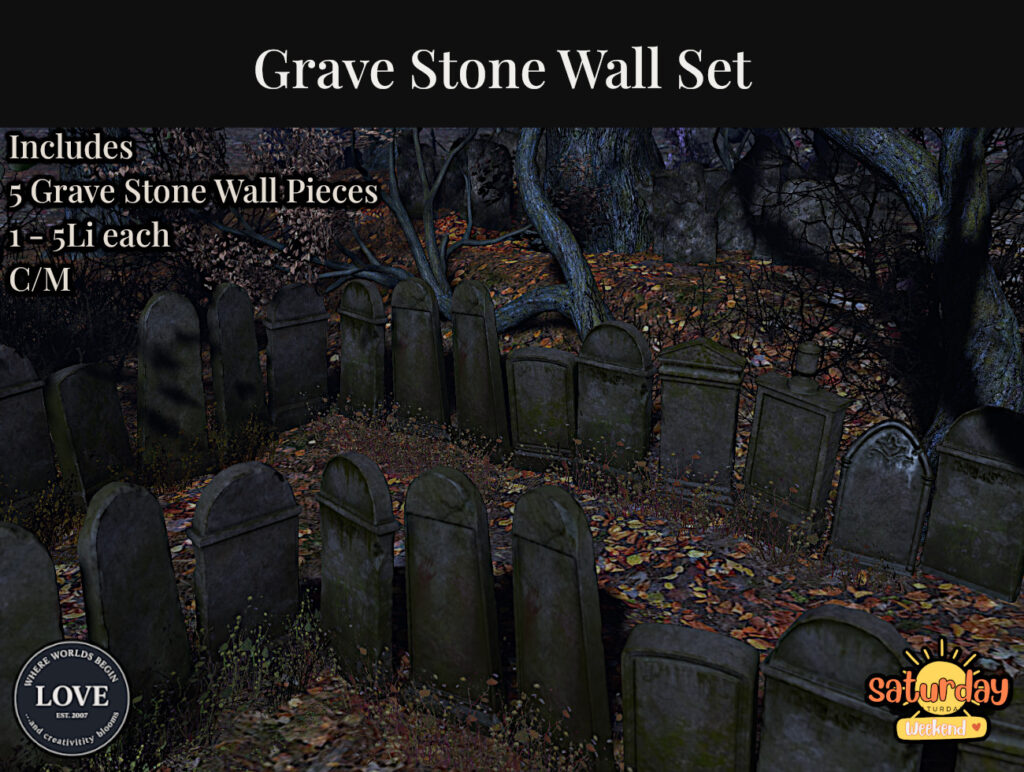 Grave Stone Wall Set	&lt;a href=&quot;http://maps.secondlife.com/secondlife/NESWNGI/149/107/25&quot; target=&quot;_blank&quot;&gt;Teleport&lt;/a&gt;