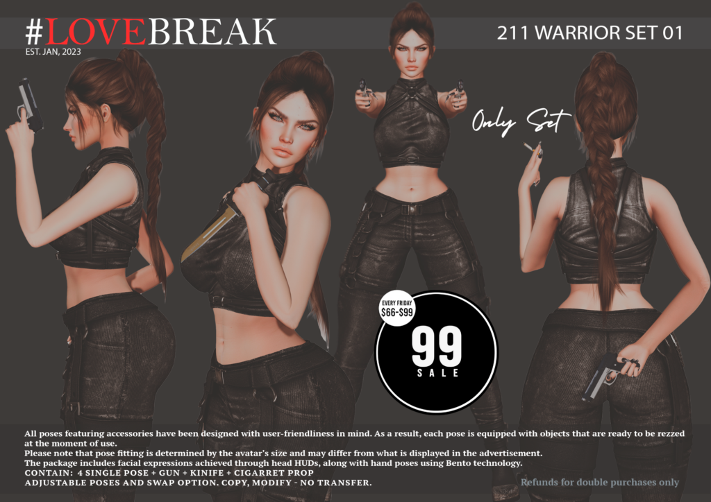 211 Warrior Set 01 Poses	&lt;a href=&quot;http://maps.secondlife.com/secondlife/Oceania%20Islands/237/7/3503&quot; target=&quot;_blank&quot;&gt;Teleport&lt;/a&gt;