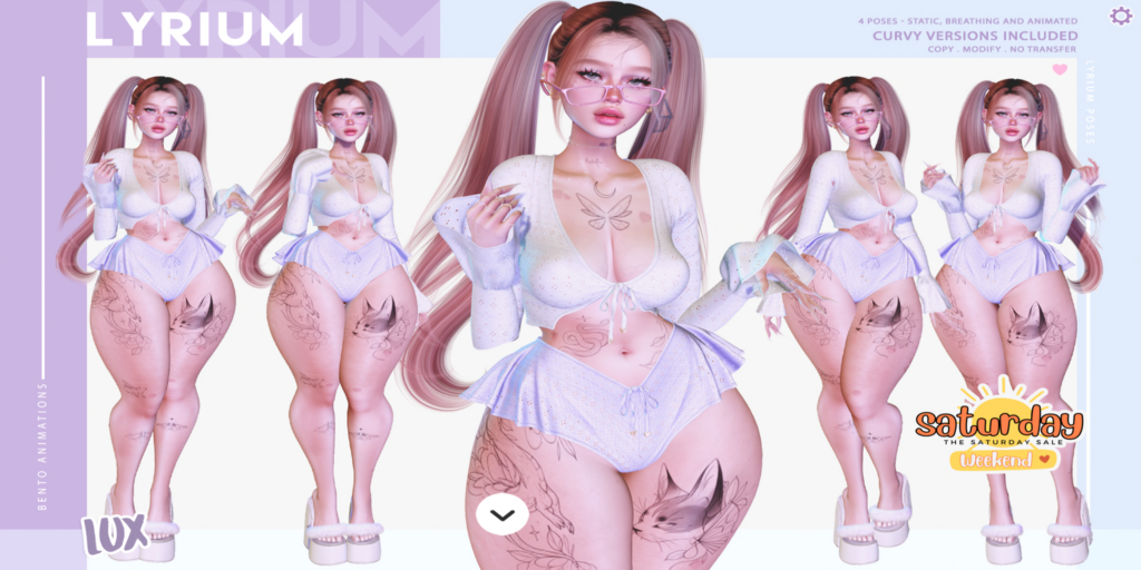 Lux Poses	&lt;a href=&quot;https://maps.secondlife.com/secondlife/Lunar%20and%20Friends/161/89/19&quot; target=&quot;_blank&quot;&gt;Teleport&lt;/a&gt;