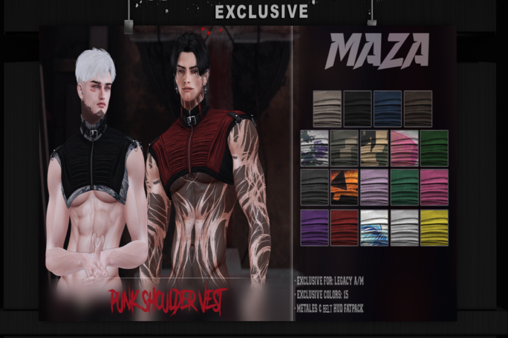 Punk Shoulder Vest - Legacy/+mods, L$299 each/L$1299 FP