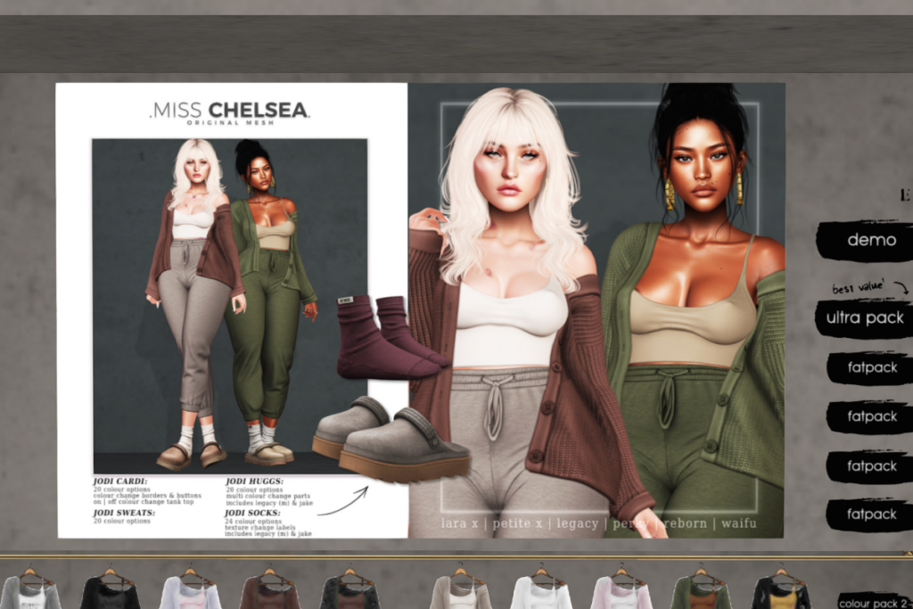 Jodi Cardi, Sweats, Socks, &amp; Huggs - L$250-L$500 each/L$599-L$1499 each FP/L$3299