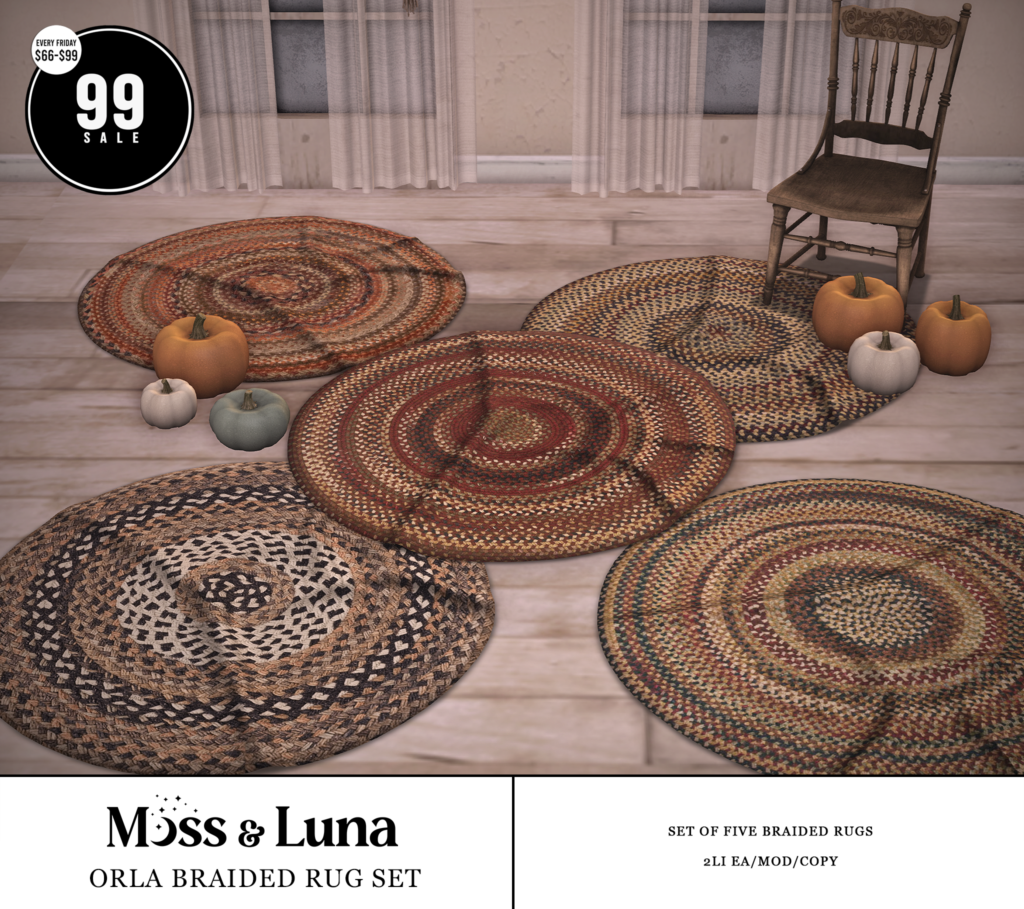 Orla Braided Rug Set	&lt;a href=&quot;http://maps.secondlife.com/secondlife/Desolate/123/57/23&quot; target=&quot;_blank&quot;&gt;Teleport&lt;/a&gt;