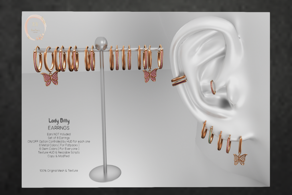 Lady Bitty Earrings	&lt;a href=&quot;http://maps.secondlife.com/secondlife/Celestial%20Vale/152/143/2002&quot; target=&quot;_blank&quot;&gt;Teleport&lt;/a&gt;
