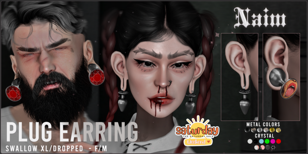 Plug Earrings - Swallow Dropped M+F/Swallow Gauged XL	&lt;a href=&quot;http://maps.secondlife.com/secondlife/Teardrop%20Island/96/76/22&quot; target=&quot;_blank&quot;&gt;Teleport&lt;/a&gt;