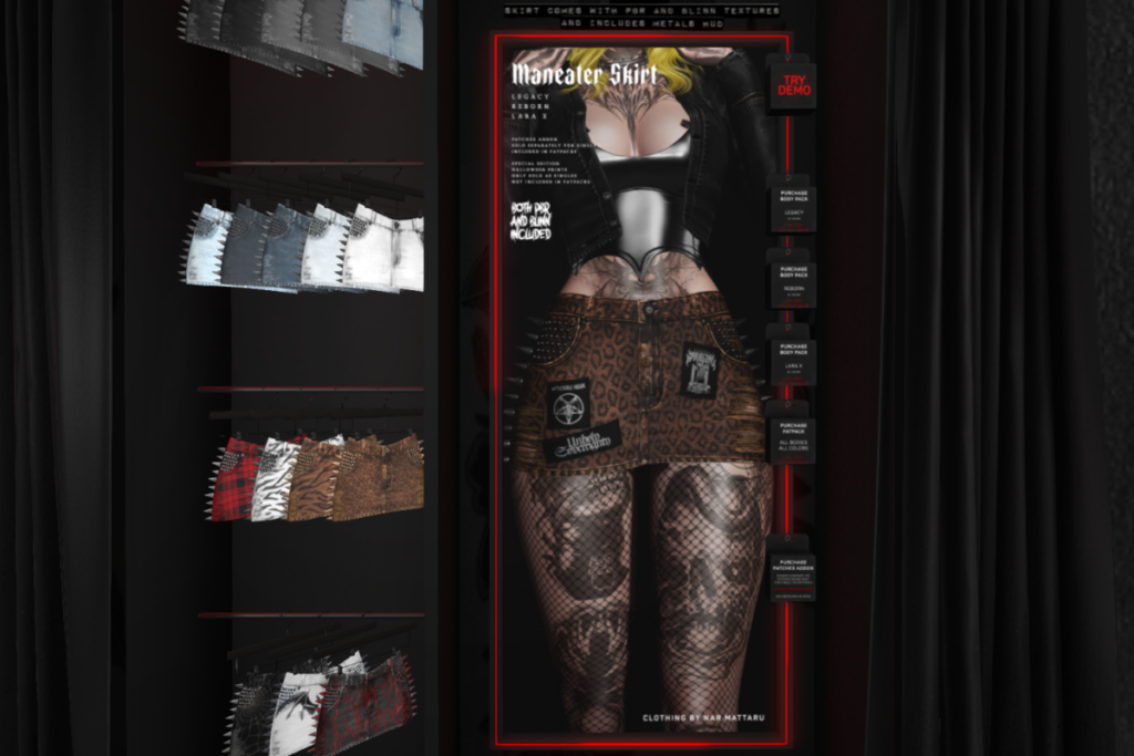 Maneater Skirt - Legacy/MaitreyaX/Reborn, L$350 each/L$1143 each FP/L$3430 MP | Maneater Skirt Patches, L$275