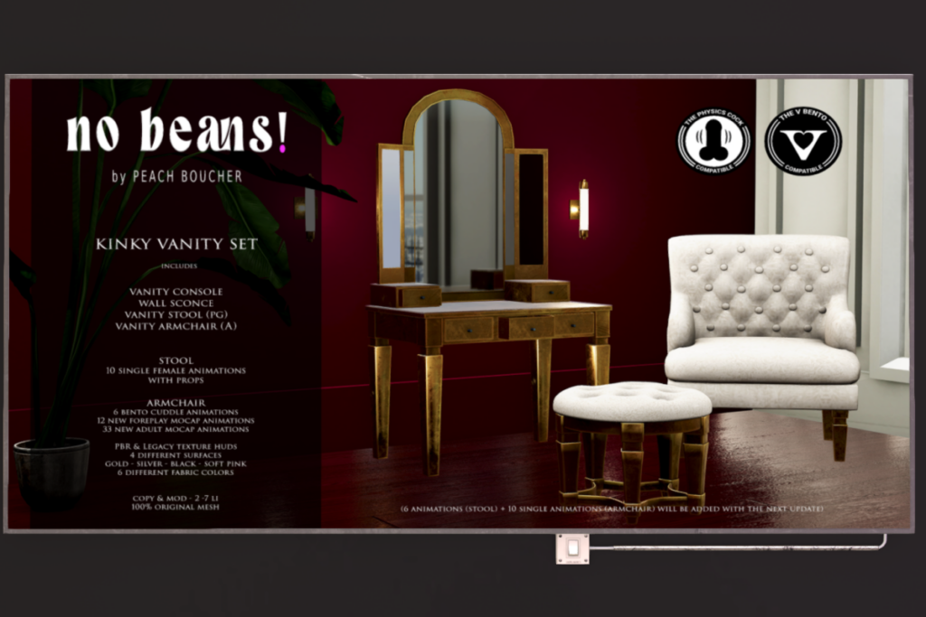 Kinky Chair &amp; Vanity Set, L$399-L$1449 each/L$1899 FP