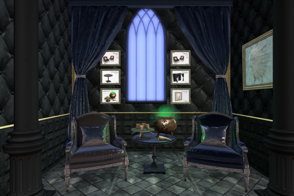 Vintage Chair, L$200-L$300 | Small Wood Table, L$150 | Cauldron Punch, L$250 | Black Curtains, L$200 | Scream Frame, L$200