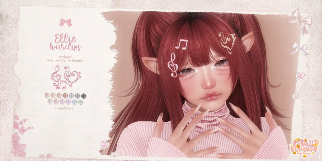 Ellie Hairclips	&lt;a href=&quot;https://maps.secondlife.com/secondlife/Tomoeda/127/172/27&quot; target=&quot;_blank&quot;&gt;Teleport&lt;/a&gt;