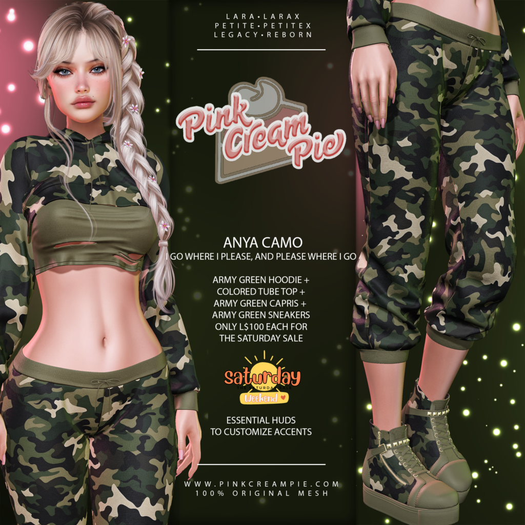 Anya Camo Hoodie, Tube Top, Capris, &amp; Sneakers - Legacy/Maitreya/Reborn/+mods	&lt;a href=&quot;http://maps.secondlife.com/secondlife/Pink%20Cream%20Pie/123/163/24&quot; target=&quot;_blank&quot;&gt;Teleport&lt;/a&gt;