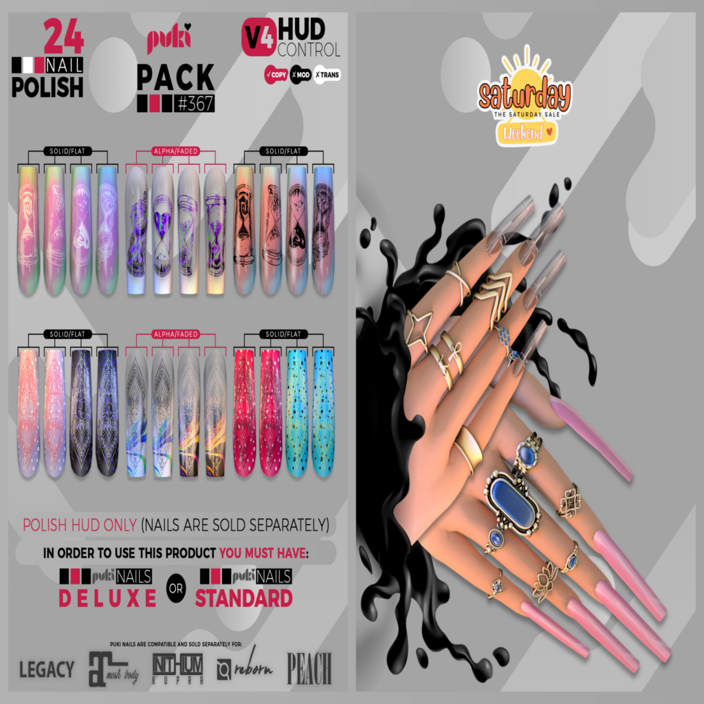 Pack 367 Nail Applier HUD - Puki Deluxe Mesh Nails/Puki Standard Mesh Nails	&lt;a href=&quot;http://maps.secondlife.com/secondlife/The%20Valley/136/226/501&quot; target=&quot;_blank&quot;&gt;Teleport&lt;/a&gt;