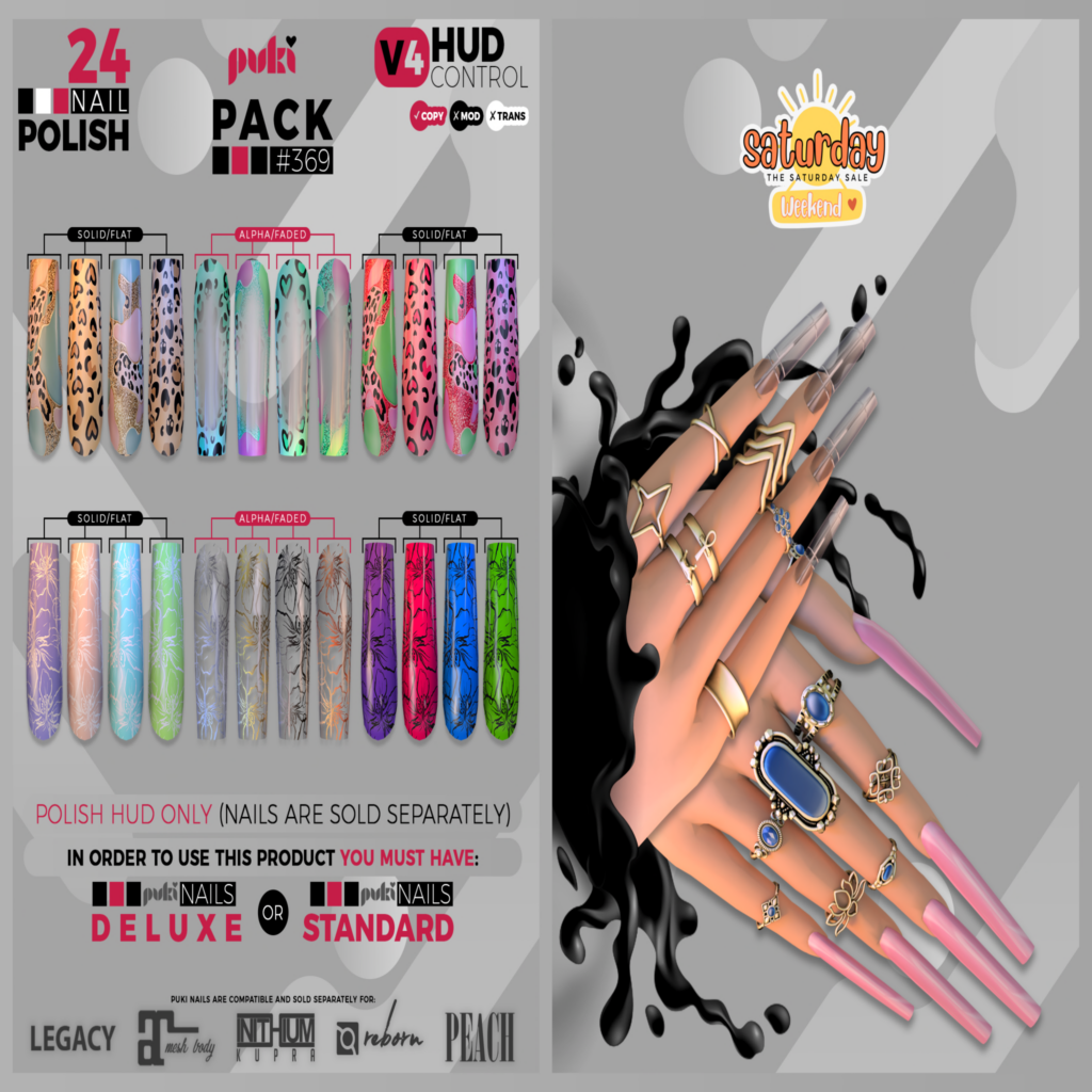Pack 369 Nail Applier HUD - Puki Deluxe Mesh Nails/Puki Standard Mesh Nails	&lt;a href=&quot;http://maps.secondlife.com/secondlife/The%20Valley/136/226/501&quot; target=&quot;_blank&quot;&gt;Teleport&lt;/a&gt;