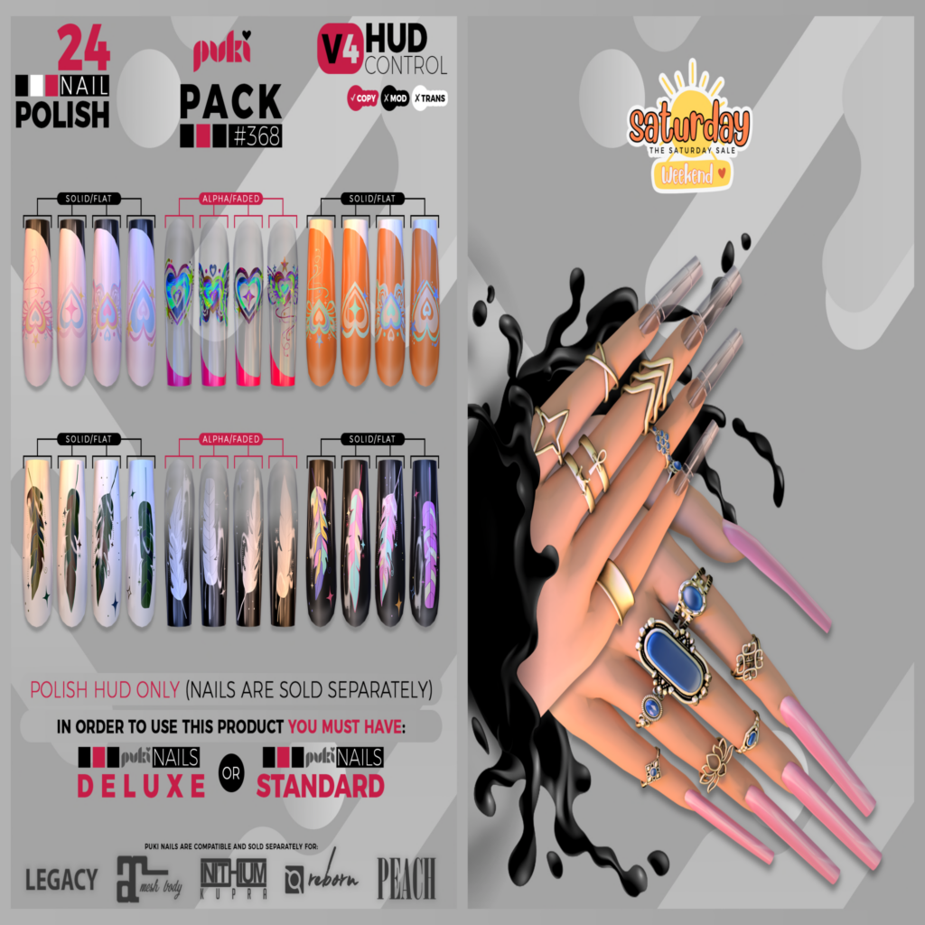Pack 368 Nail Applier HUD - Puki Deluxe Mesh Nails/Puki Standard Mesh Nails	&lt;a href=&quot;http://maps.secondlife.com/secondlife/The%20Valley/136/226/501&quot; target=&quot;_blank&quot;&gt;Teleport&lt;/a&gt;