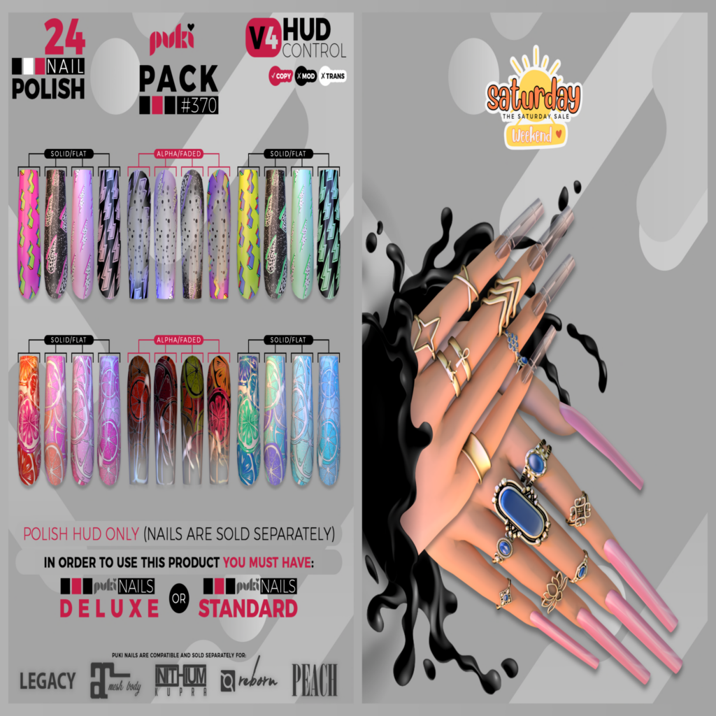 Pack 370 Nail Applier HUD - Puki Deluxe Mesh Nails/Puki Standard Mesh Nails	&lt;a href=&quot;http://maps.secondlife.com/secondlife/The%20Valley/136/226/501&quot; target=&quot;_blank&quot;&gt;Teleport&lt;/a&gt;