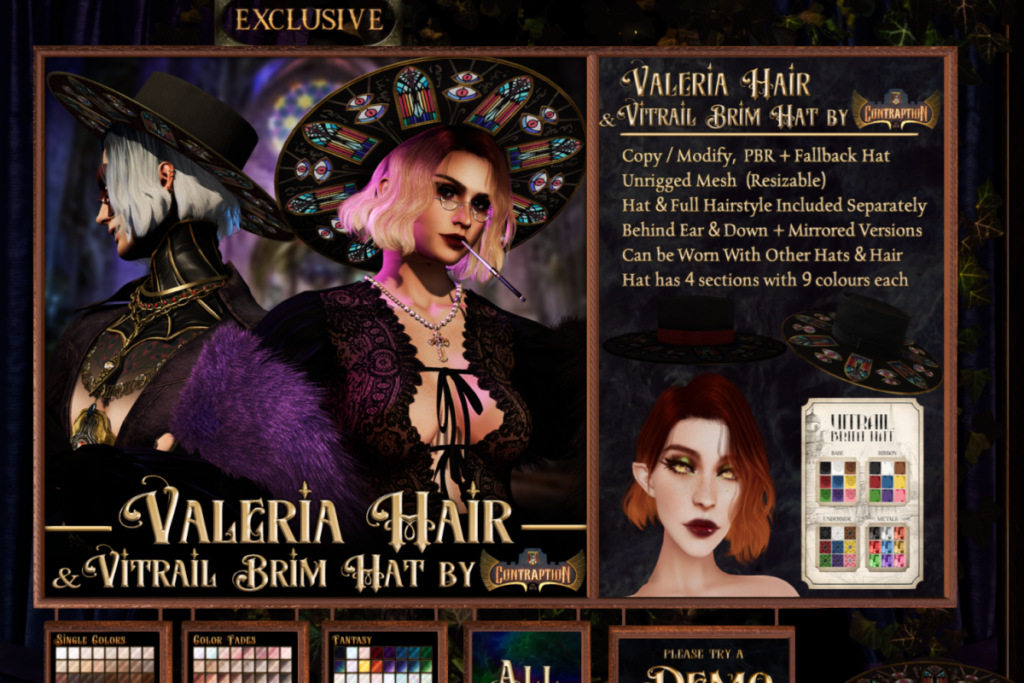 Valeria Hair &amp; Vitrail Brim Hat, L$500 each/L$1500 FP