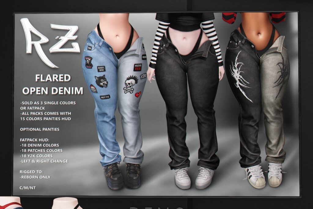 Flared Open Denim - Reborn, L$390 each/L$1690 FP