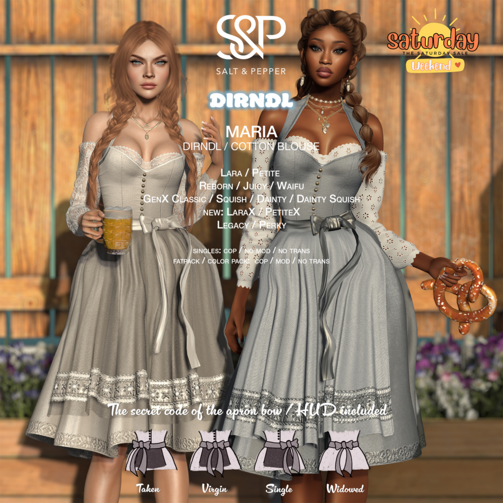 Maria Dirndl &amp; Blouse - GenX/Legacy/Maitreya/Reborn/+mods	&lt;a href=&quot;http://maps.secondlife.com/secondlife/Salt%20and%20Pepper/122/120/40&quot; target=&quot;_blank&quot;&gt;Teleport&lt;/a&gt;