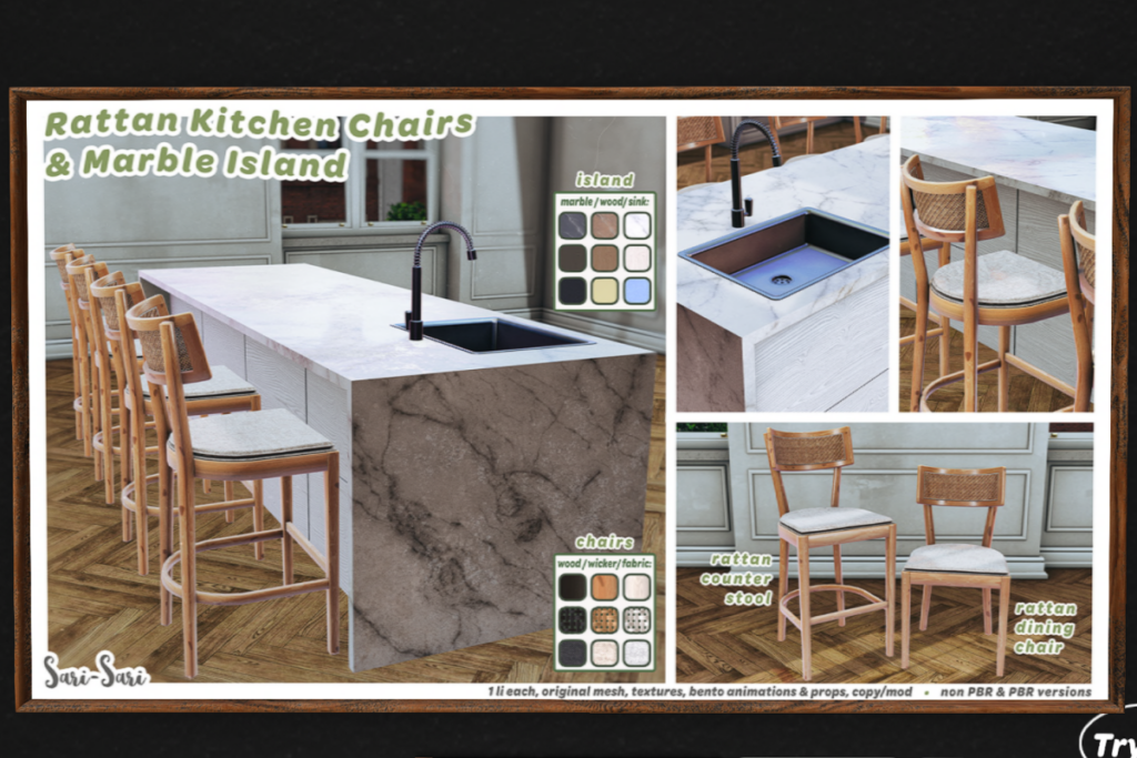 Rattan Kitchen Chairs &amp; Marble Island, L$299-L$499 each/L$899 FP