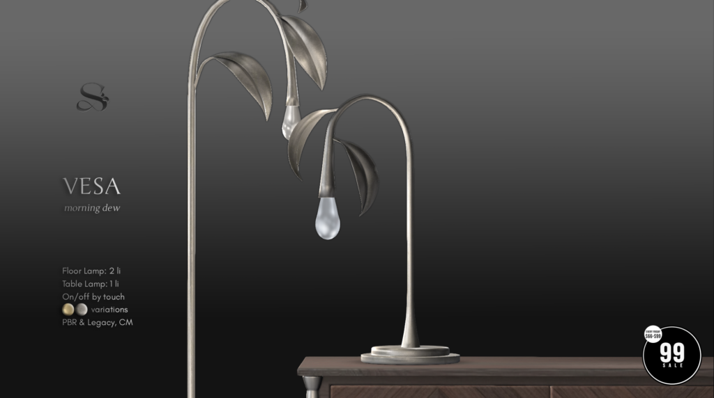 Vesa Morning Dew Lamps	&lt;a href=&quot;http://maps.secondlife.com/secondlife/Calvelo/192/248/21&quot; target=&quot;_blank&quot;&gt;Teleport&lt;/a&gt;