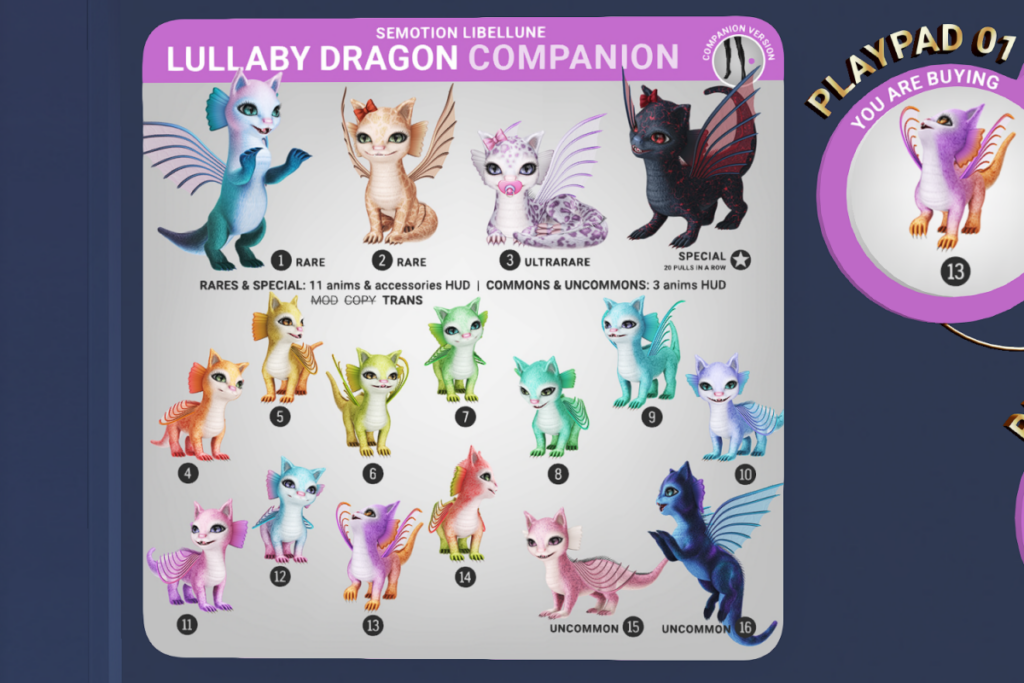 Lullaby Dragon Companion, L$89 per play/L$189 Exclusive