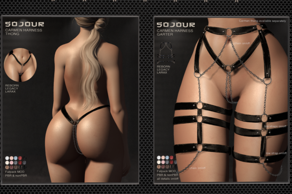 Carmen Harness Thong and Garter - Legacy/MaitreyaX/Reborn, L$230-L$249 each/L$999-L$1099 each FP