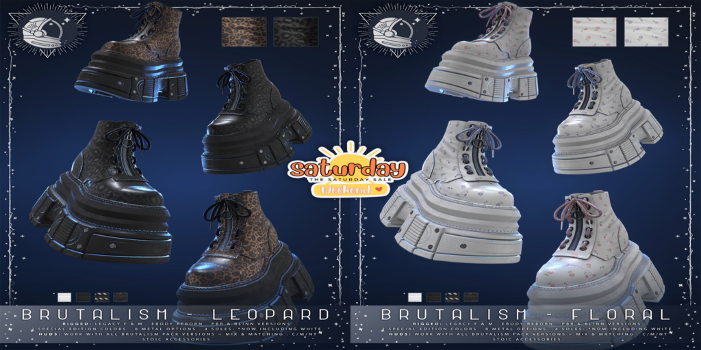 Brutalism Stompers Boots - Legacy M+F/Reborn	&lt;a href=&quot;http://maps.secondlife.com/secondlife/EXHALE/136/159/50&quot; target=&quot;_blank&quot;&gt;Teleport&lt;/a&gt;