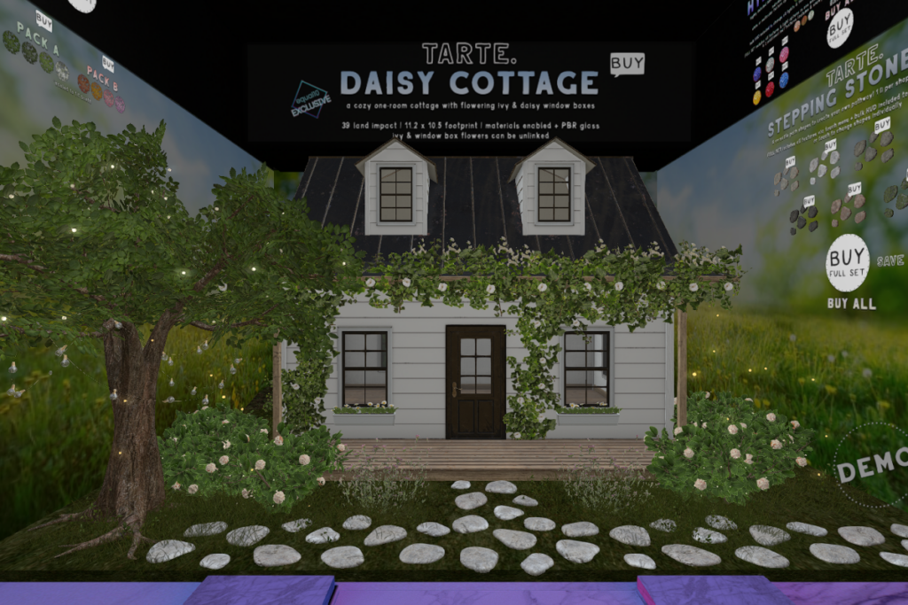 Daisy Cottage, L$899 | Garden Party Tree, L$525 each/L$875 FP | Stepping Stone Path, L$399 each/L$1399 FP